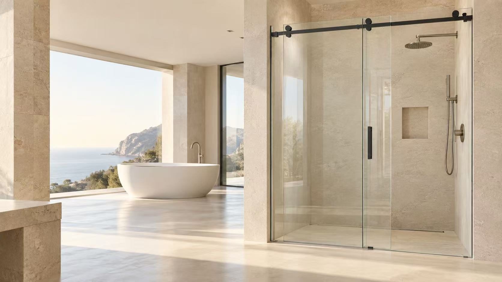 Modern bathroom with Qiharho shower door and freestanding bathtub